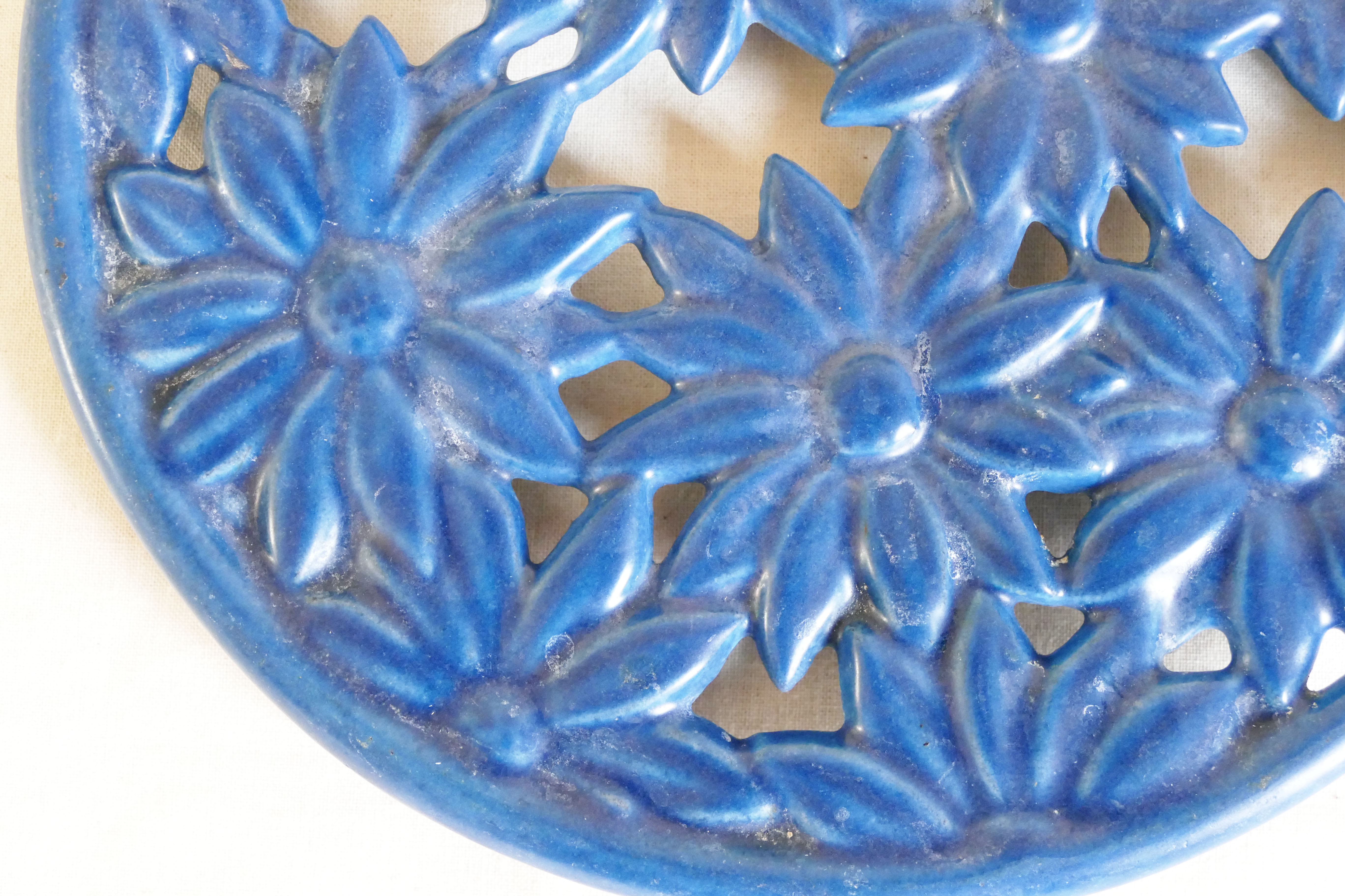 Old French blue enamelled cast iron underside