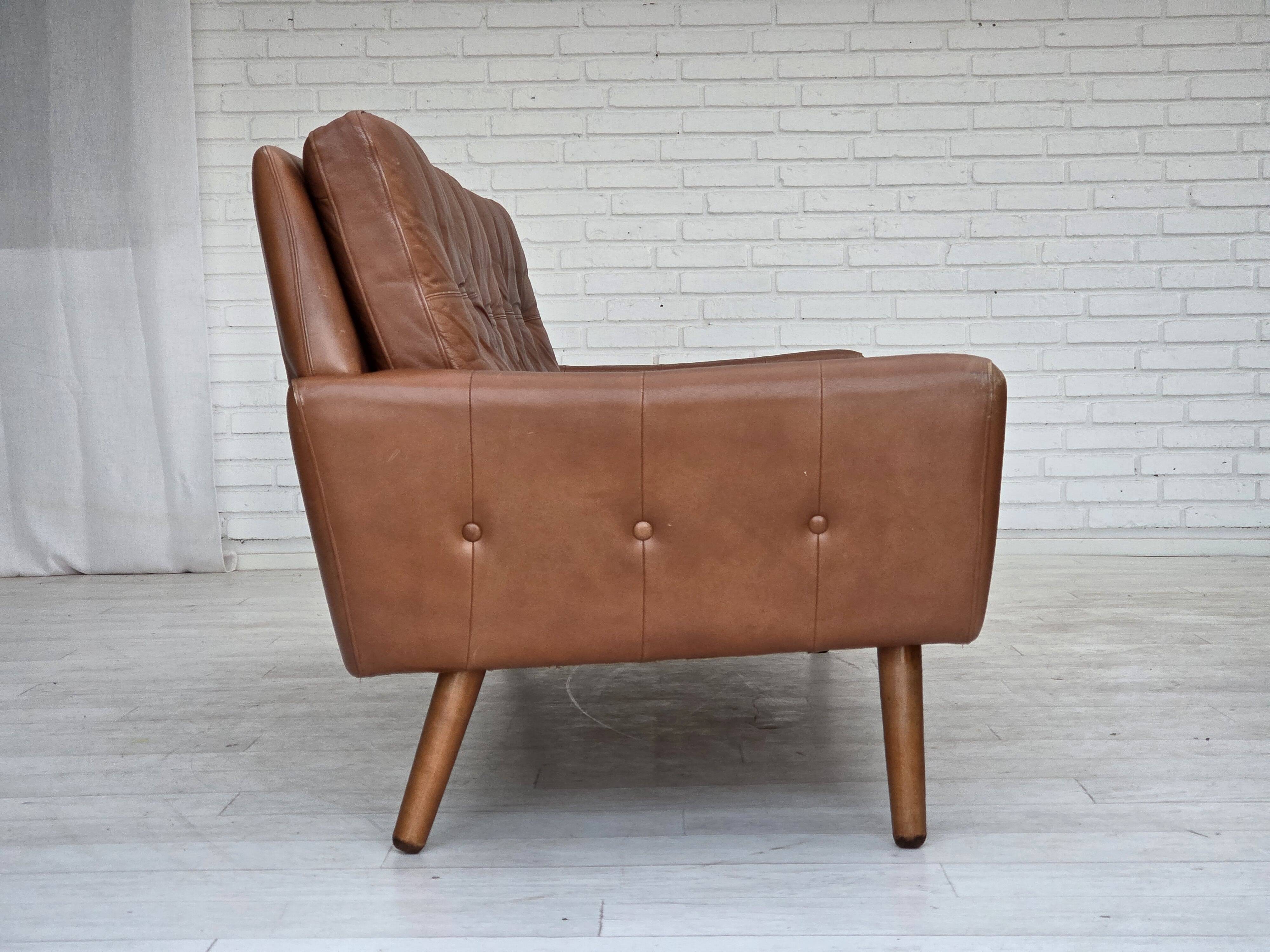 1970s, 3-seater Danish sofa, brown furniture leather with patina.