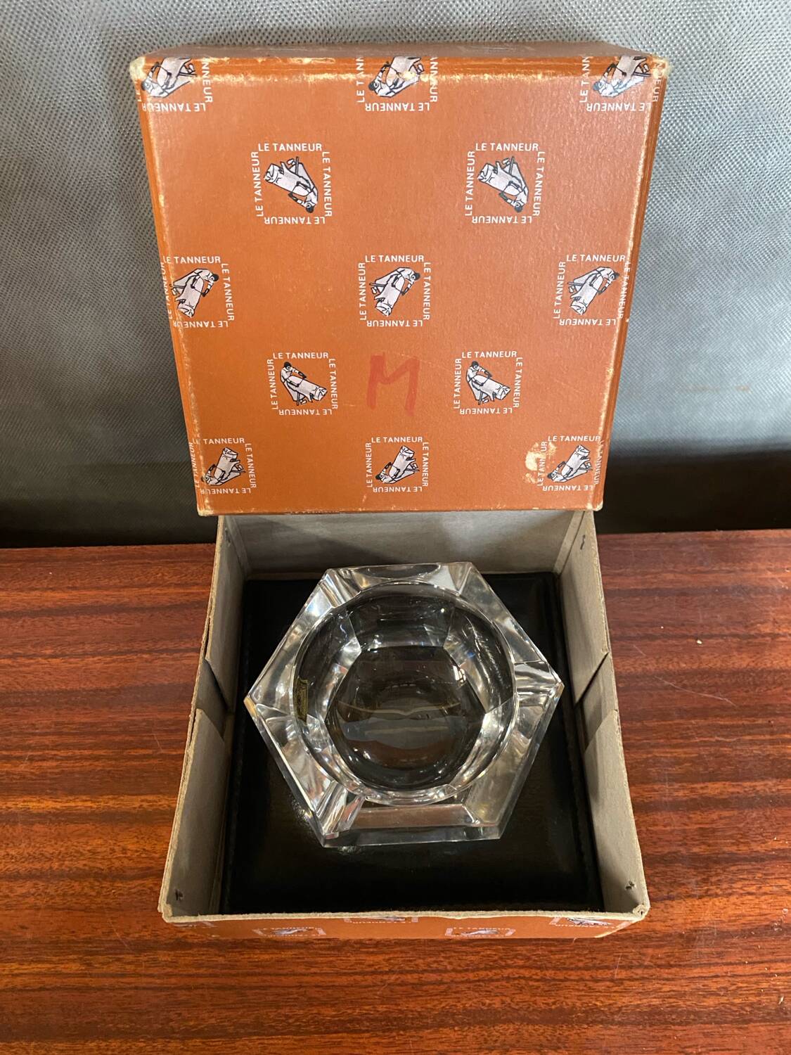 Old Val St Lambert Crystal Ashtray + Le Tanneur Leather Holder + Box