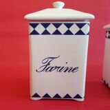 Set de 3 anciens pots à épices bocaux alimentaires vintage blanc bleu Farine Sucre Sel