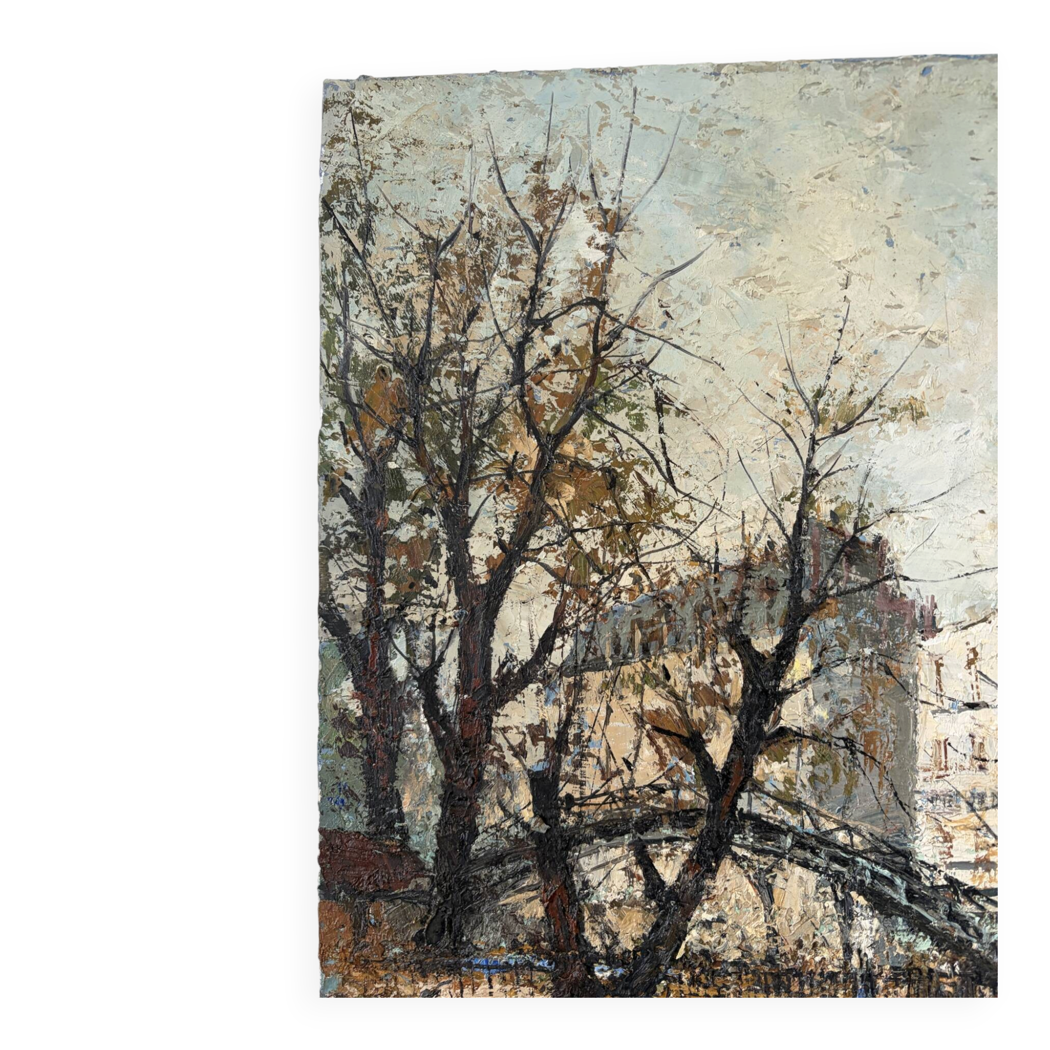 Saint Martin Canal in Paris, knife oil painting signed L Guerbier.