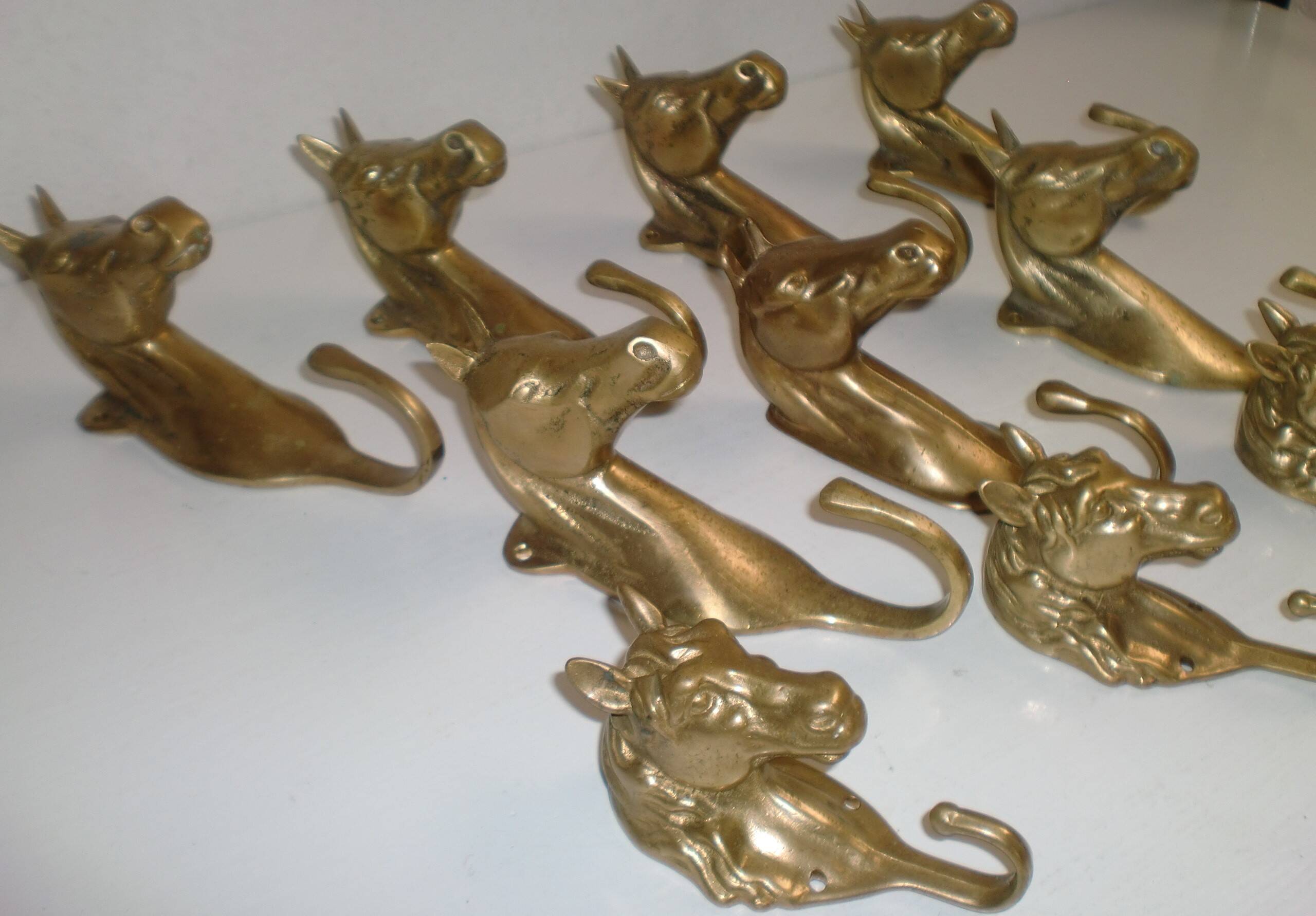 Set of 10 heavy brass horse coat rack wall hooks