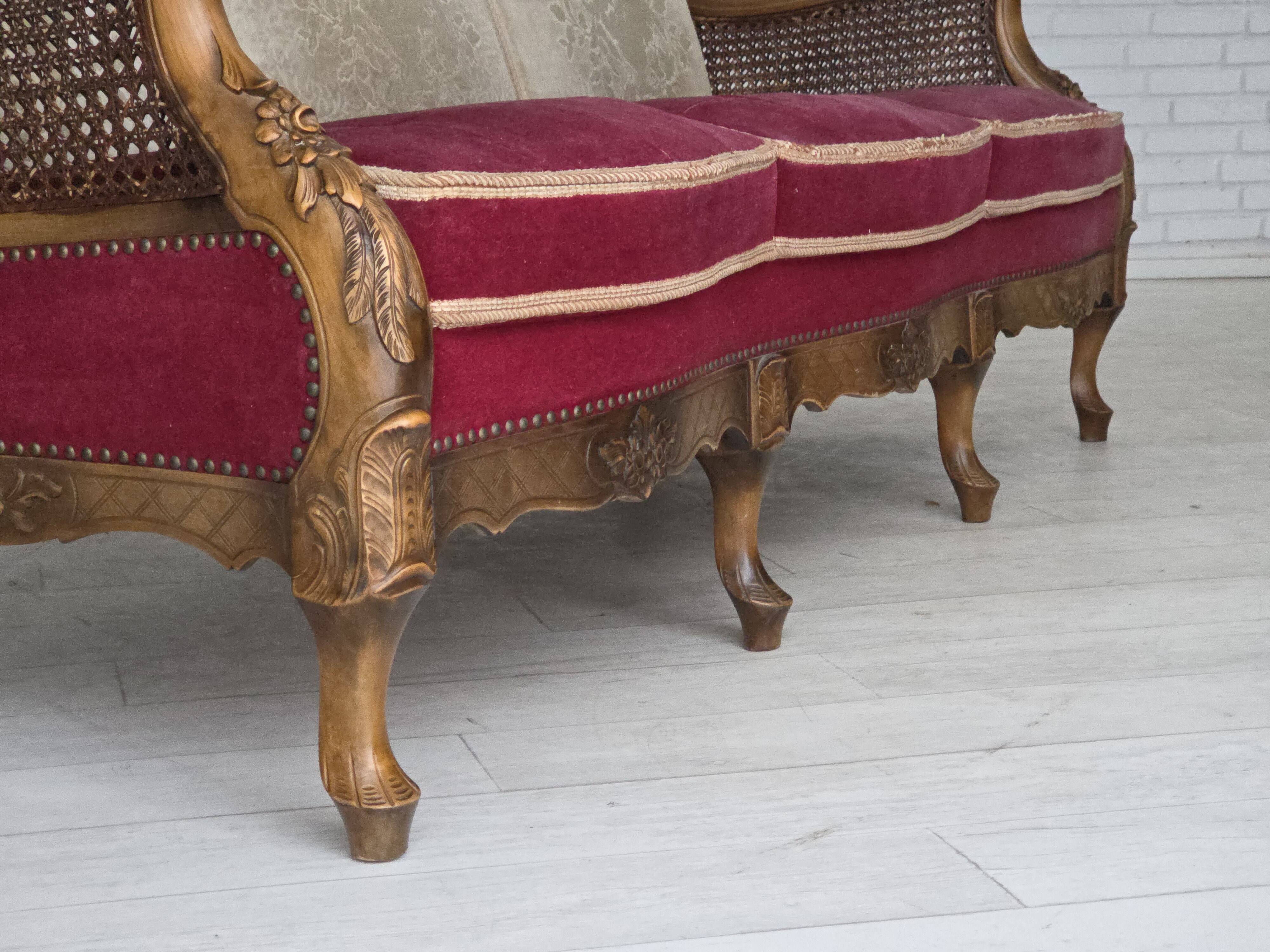 1930s, Danish 3-seater sofa, red furniture velour, furniture mesh.