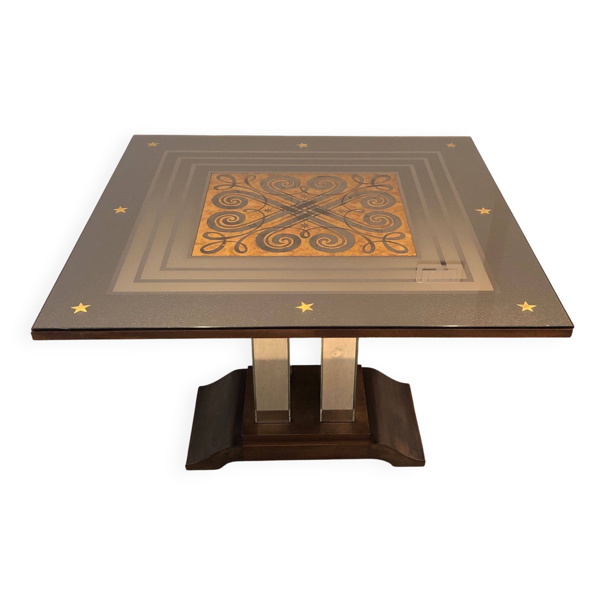 Art Deco centre table with a mirrored eglomisé top in the style of Jules Leleu and Max Ingrand.