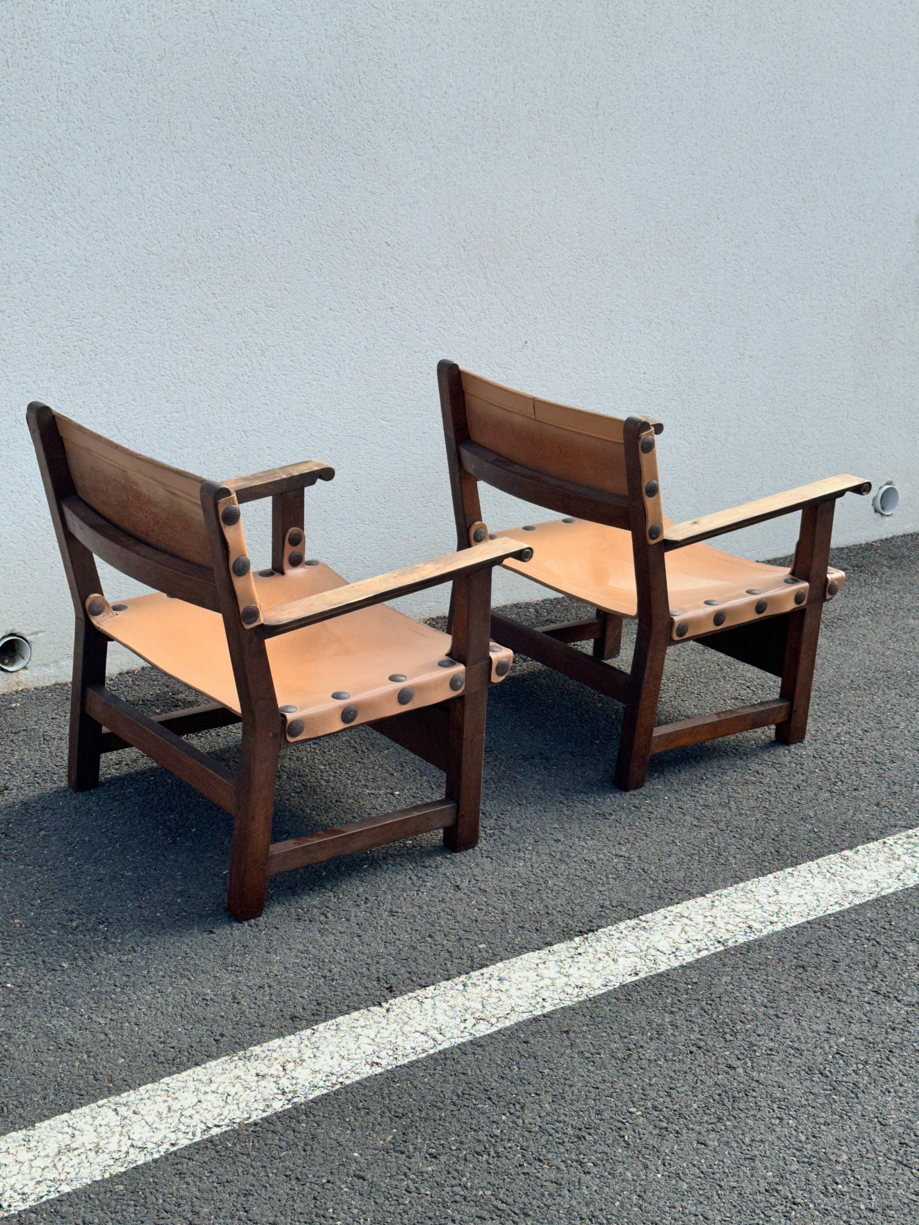 Brutalist armchair in wood and leather 60s