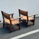 Brutalist armchair in wood and leather 60s