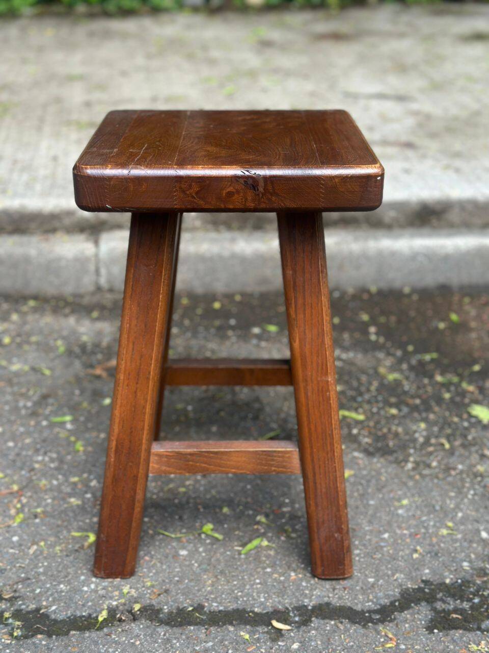 Vintage square farmhouse stool in solid wood from the 1960s.