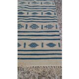 Beige and blue kilim rug hand-woven in natural wool
