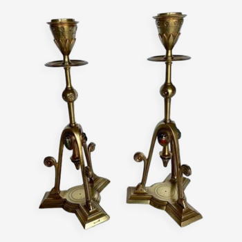 Pair of bronze tripod candlesticks,