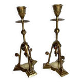 Pair of bronze tripod candlesticks,