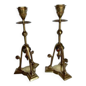 Pair of bronze tripod candlesticks,