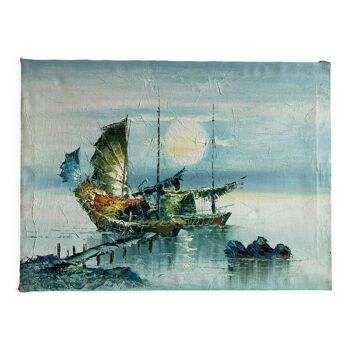 Marine , bateaux zampan au coucher du soleil, XX siècle