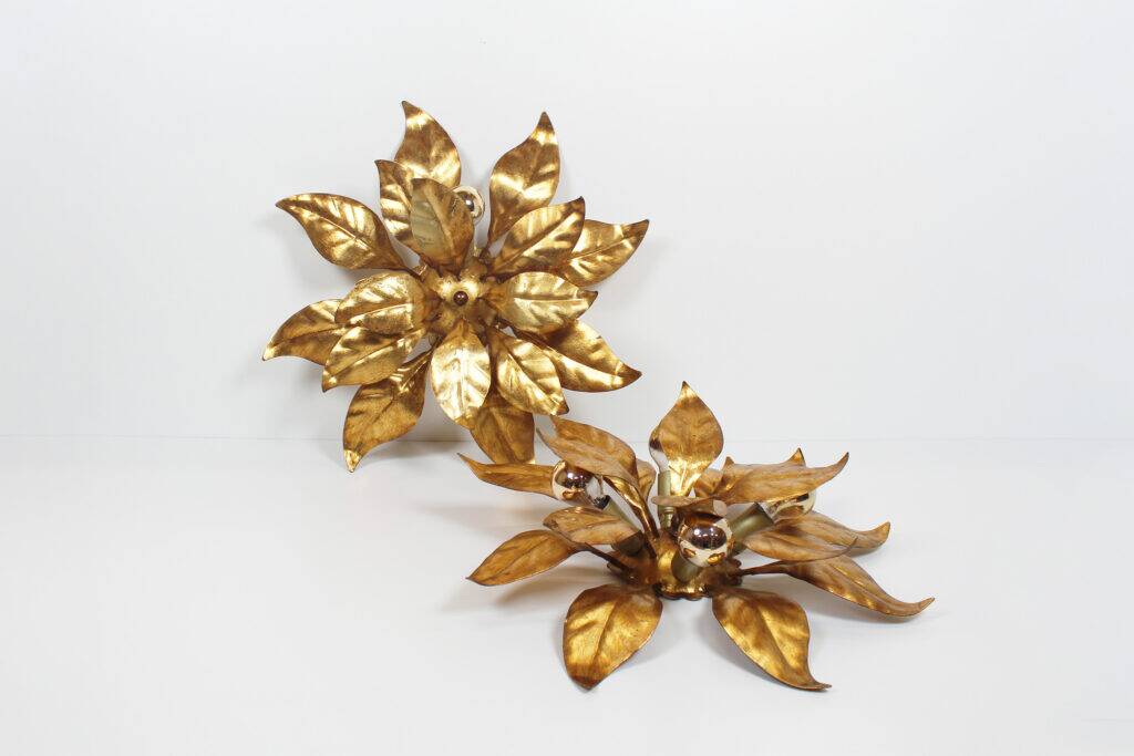 Wonderful pair gilded floral flush mount lights by Hans Kogl
