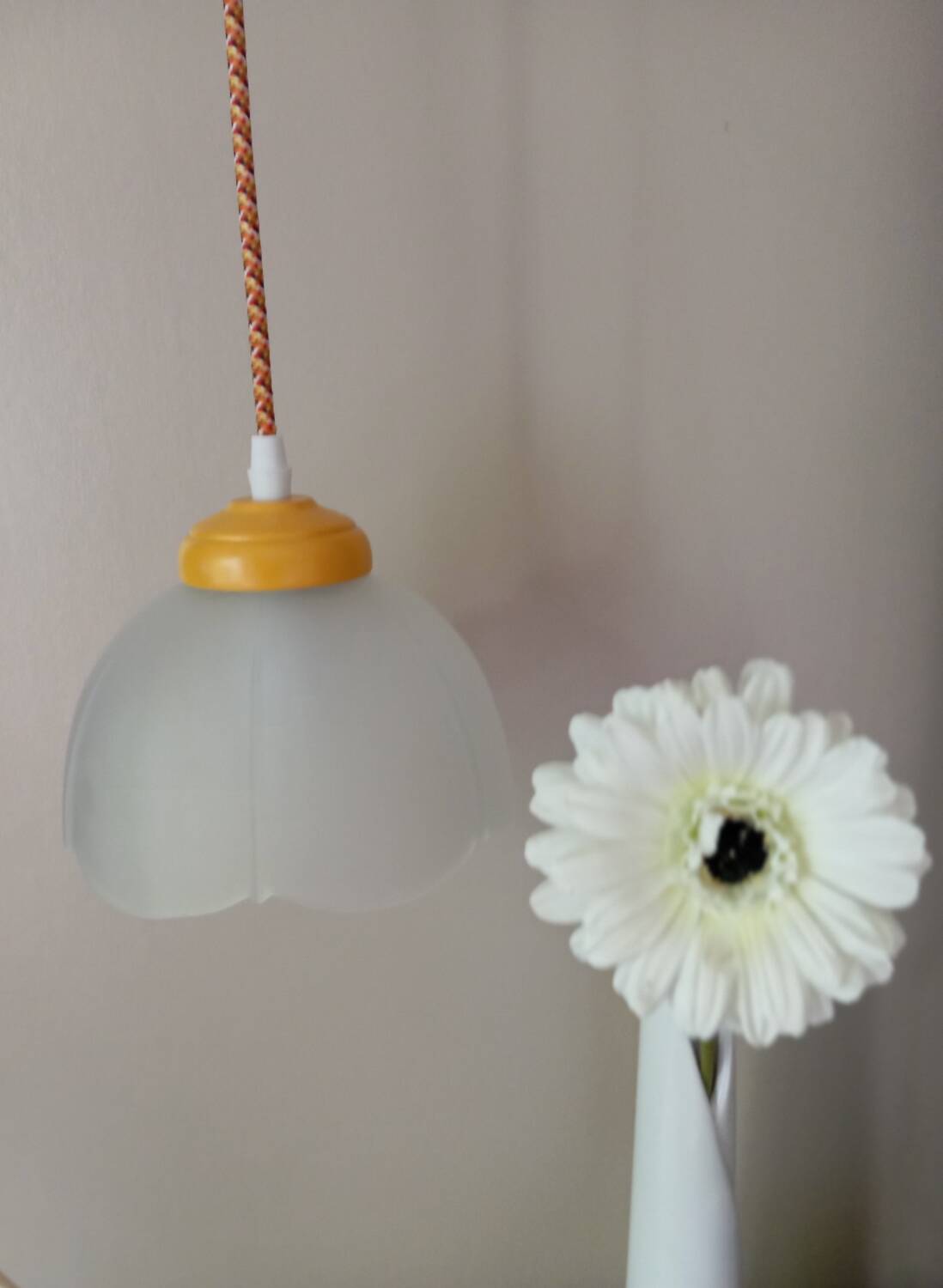 Vintage white frosted corolla glass pendant light, orange pixel cord