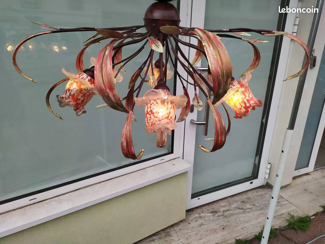 Lustre plafonnier rose fleurs verre soufflé floral