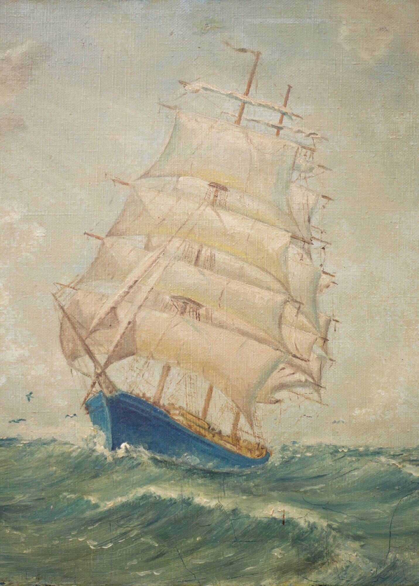 Signed marine painting, oil painting, ship at sea, wall decoration, 40's