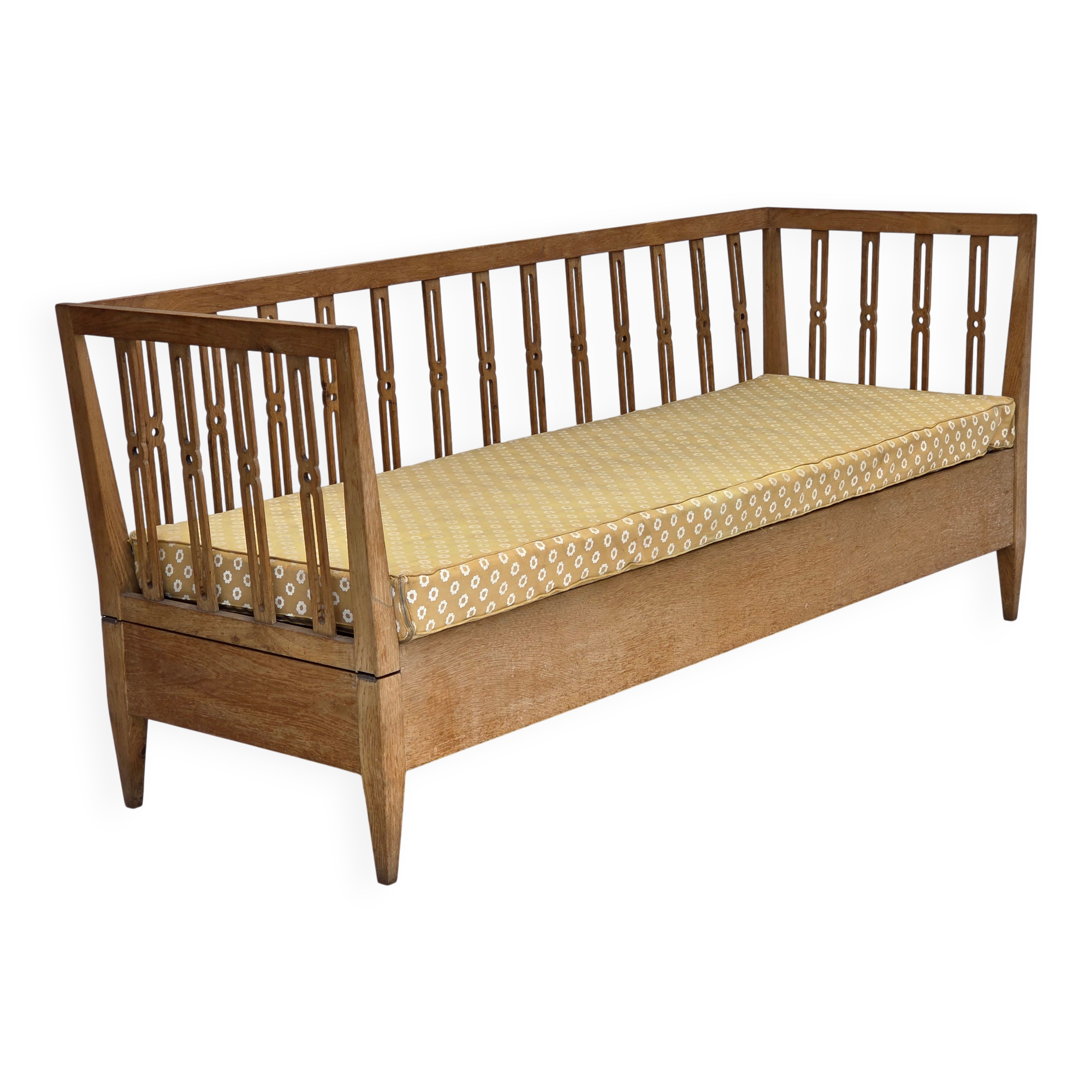 1970s, Swedish drop arm sofa/daybed, furniture fabric, oak wood.