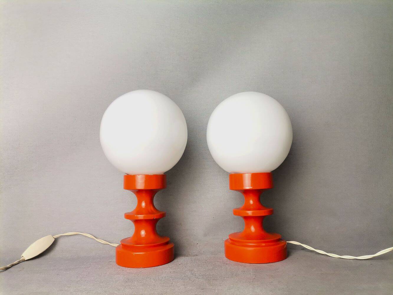 Pair orange painted wood opaline glass tabel lamps