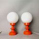 Pair orange painted wood opaline glass tabel lamps