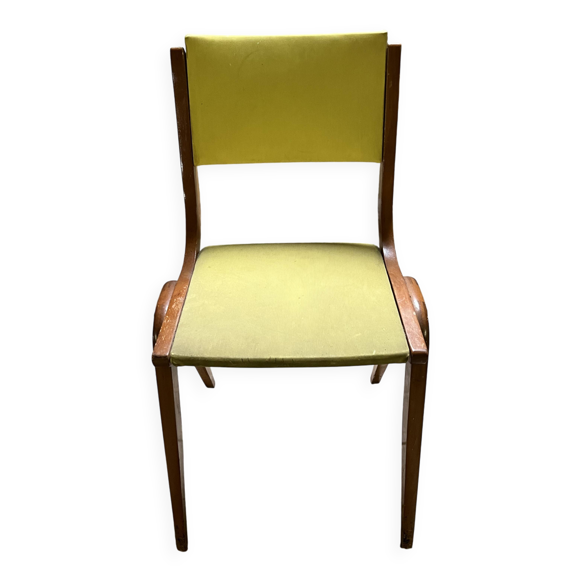 Vintage modernist chair in curved wood and yellow leatherette - 50s/60s