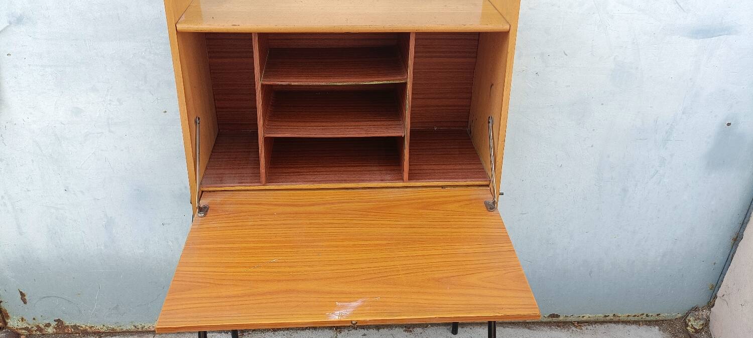 Vintage light oak secretary desk with metal base