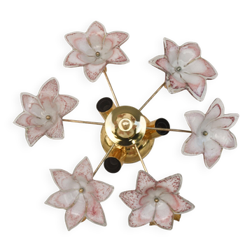 Charmante lampe de plafond vintage Murano fleurs roses, années 1970