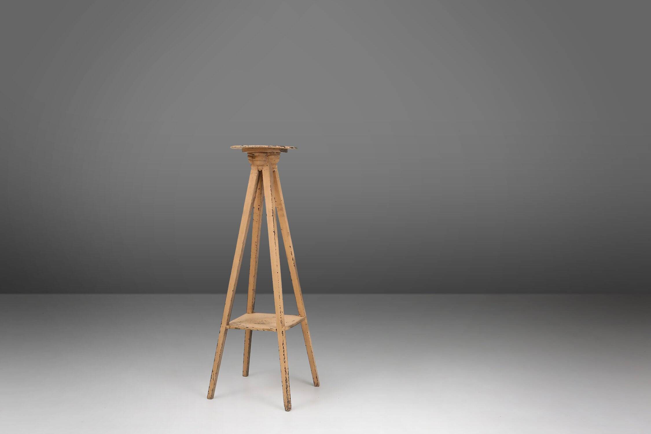 Industrial painted wooden tripod Console with rich patina, France 1900s