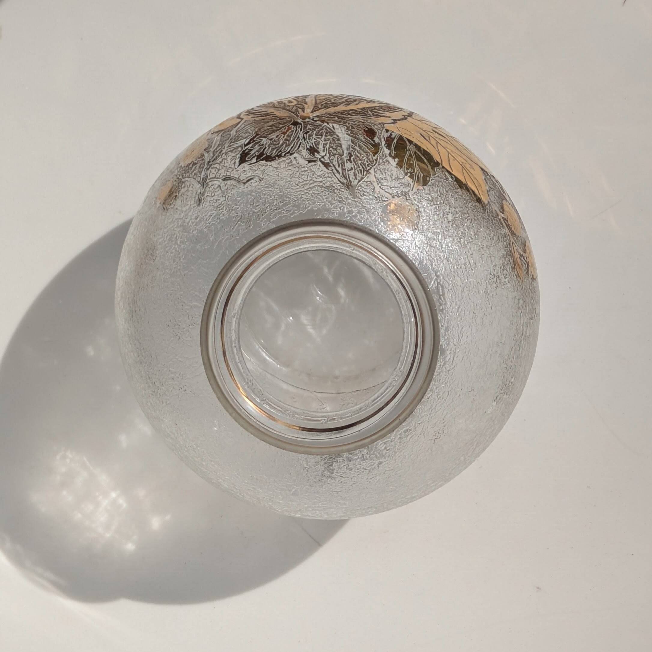Frosted Glass Ball Vase with Golden Botanical Decoration — Signed Adat — Circa 1950