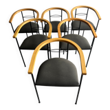 Set of 6 Postmodern Dining Chairs — Black Metal Frame, Natural Wood Armrest and Dark Grey Fabric Seats