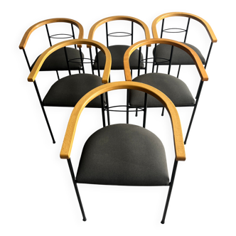Set of 6 Postmodern Dining Chairs — Black Metal Frame, Natural Wood Armrest and Dark Grey Fabric Seats