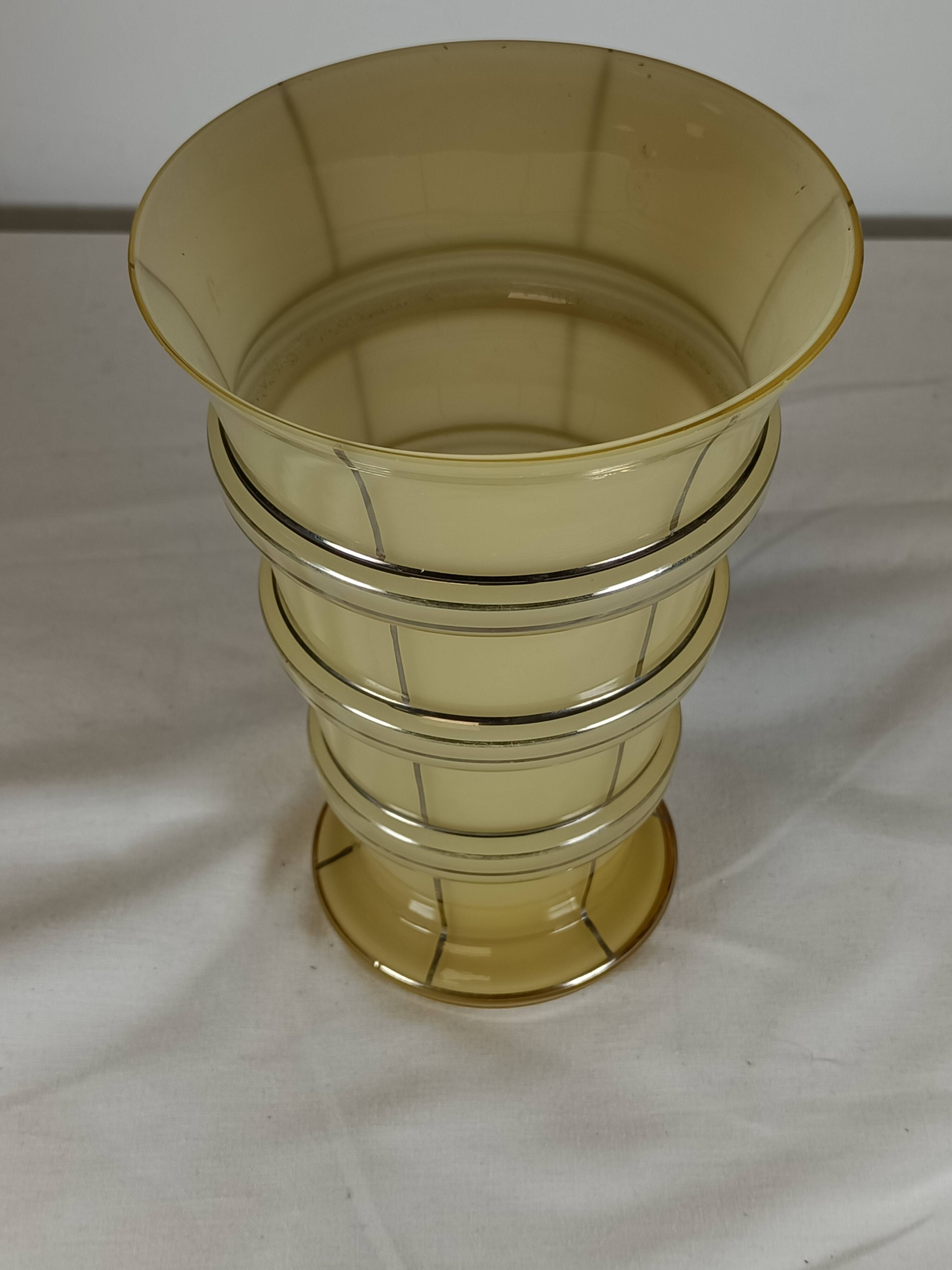 Vintage smoked amber glass vase with chrome bands – 1970s design