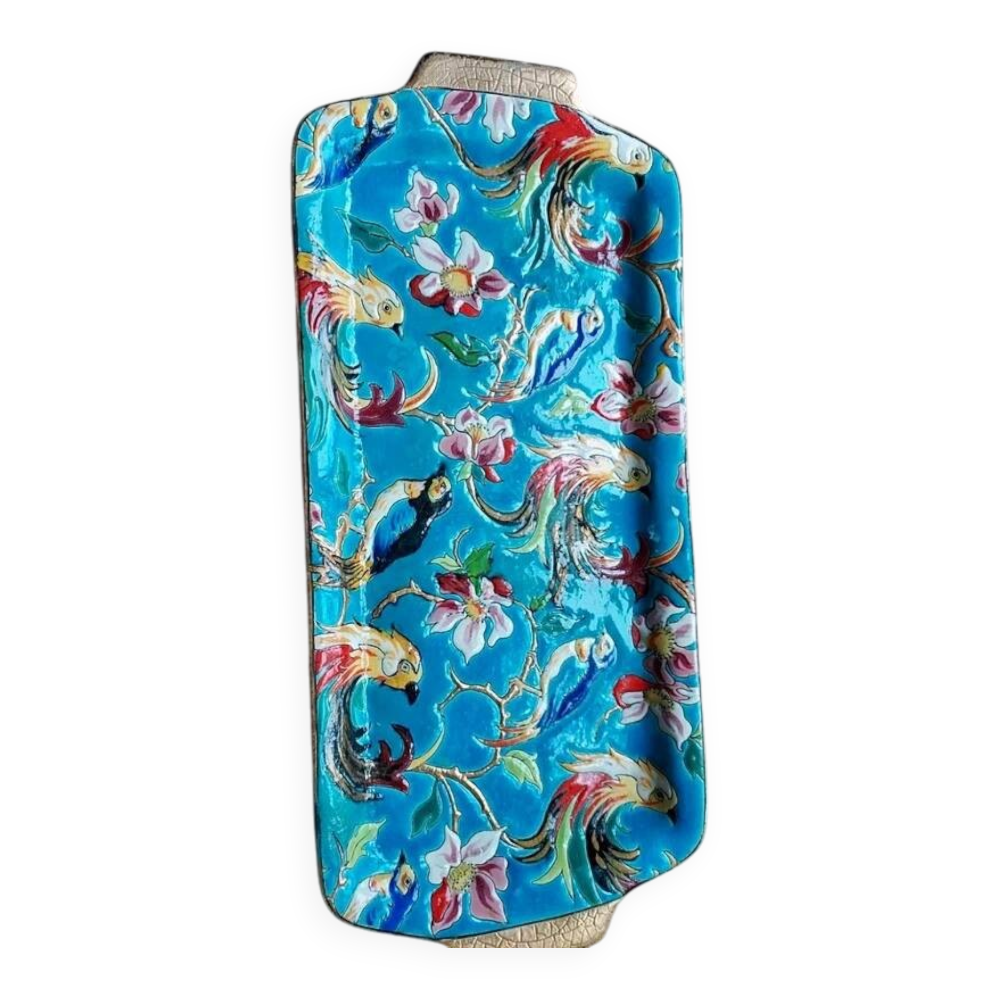 Plat à gâteaux émaux de Longwy – décor aux oiseaux – 40 x 19 cm