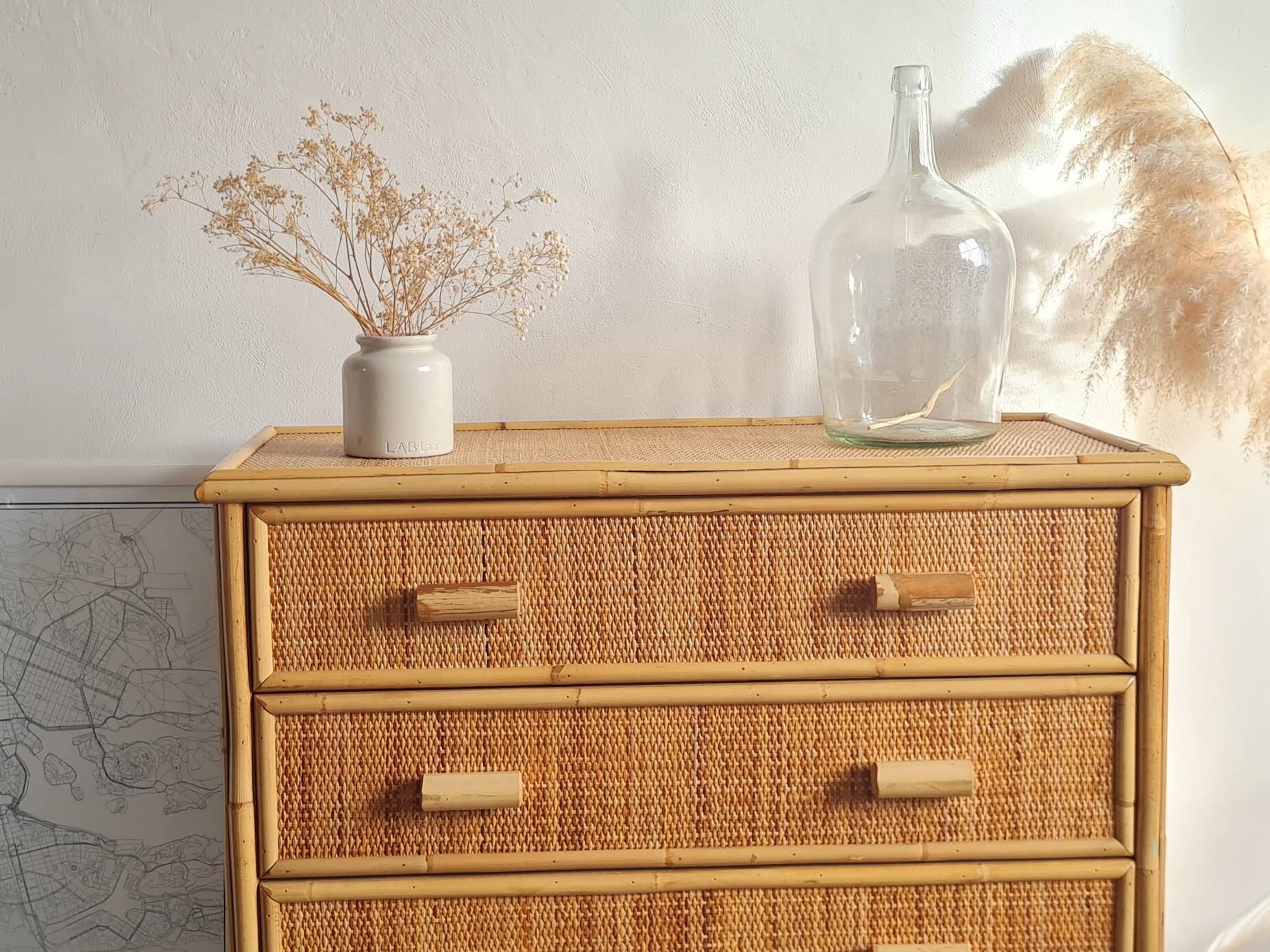 Vintage rattan chest of drawers from the 1970s.
