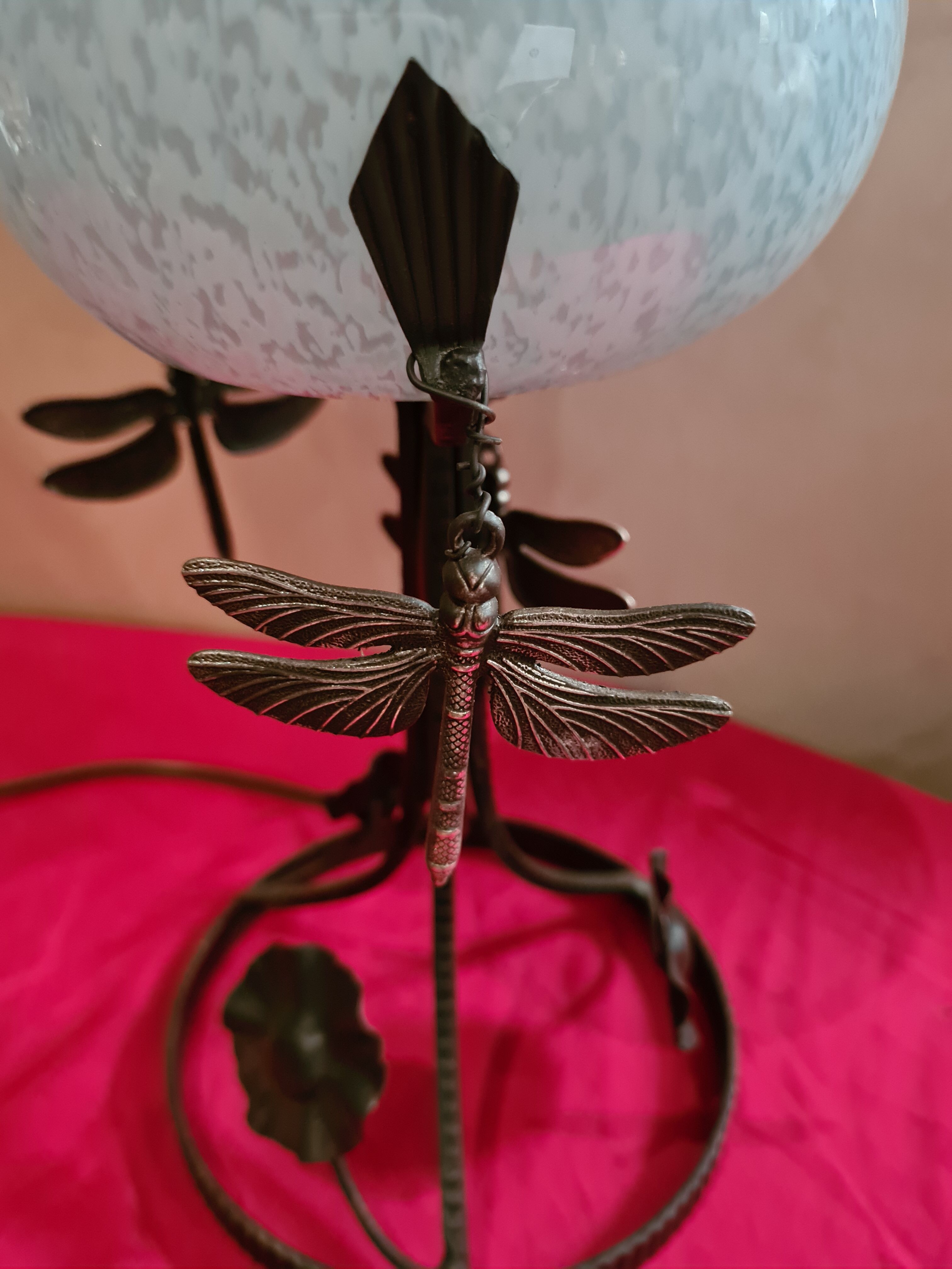 Wrought iron lamp molded blue globe clichy and its dragonfly 33x15