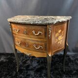 Small Louis XV style half-moon commode with marquetry and bronze decoration