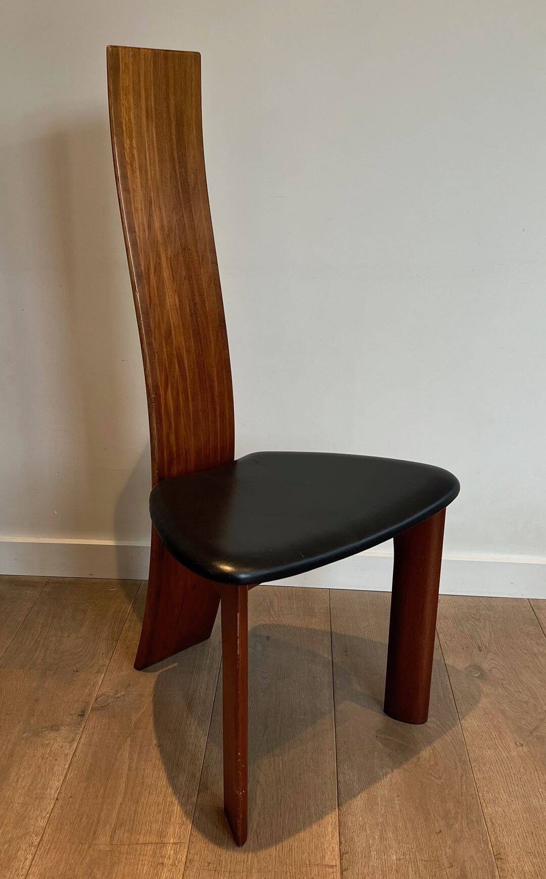 Pair of High Back Chairs, Exotic Wood & Black Leather, Scandinavian, varnished