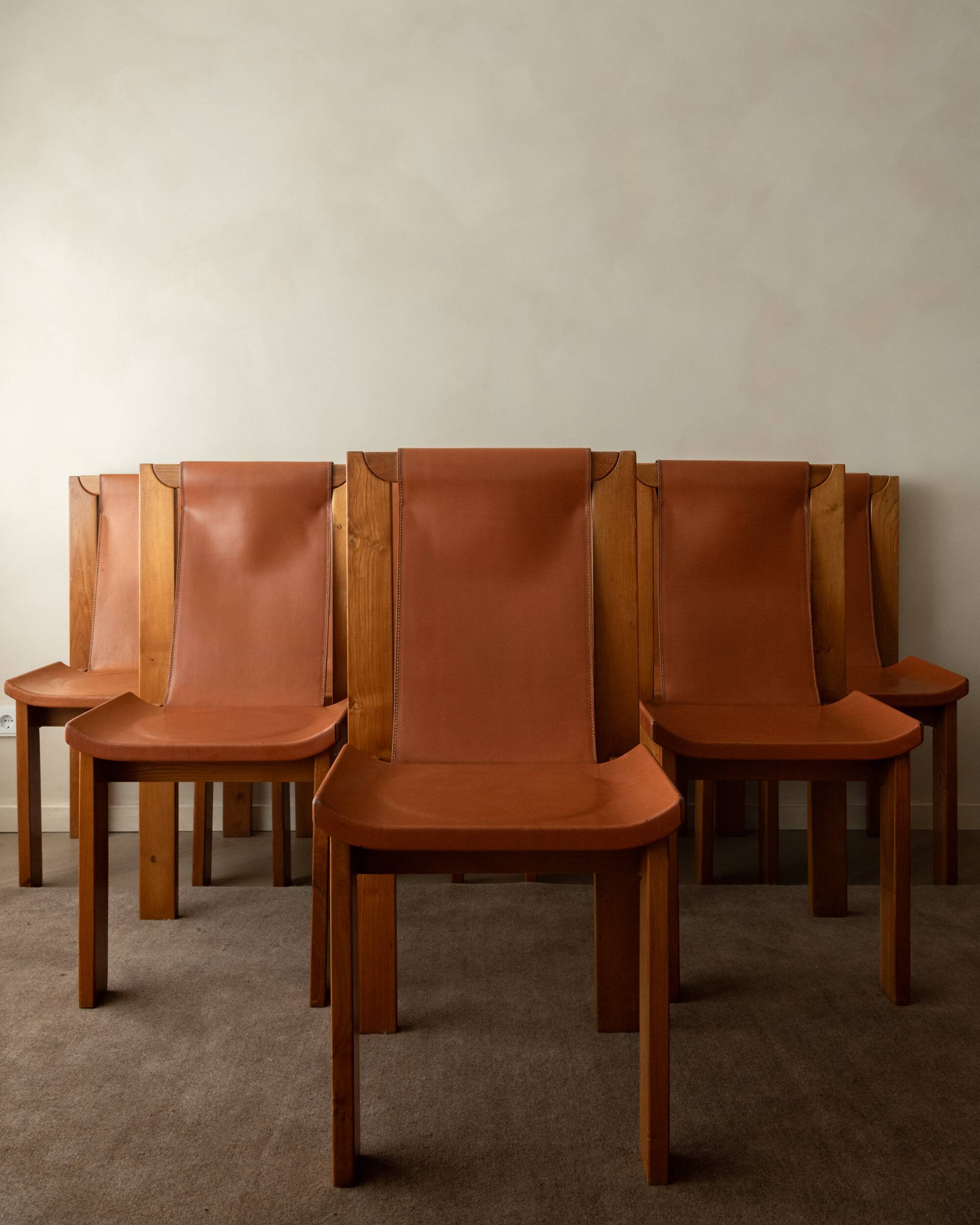 Wood Leather Dining Chairs Luigi Gorgoni Roche Bobois, 1970s, Set of 7