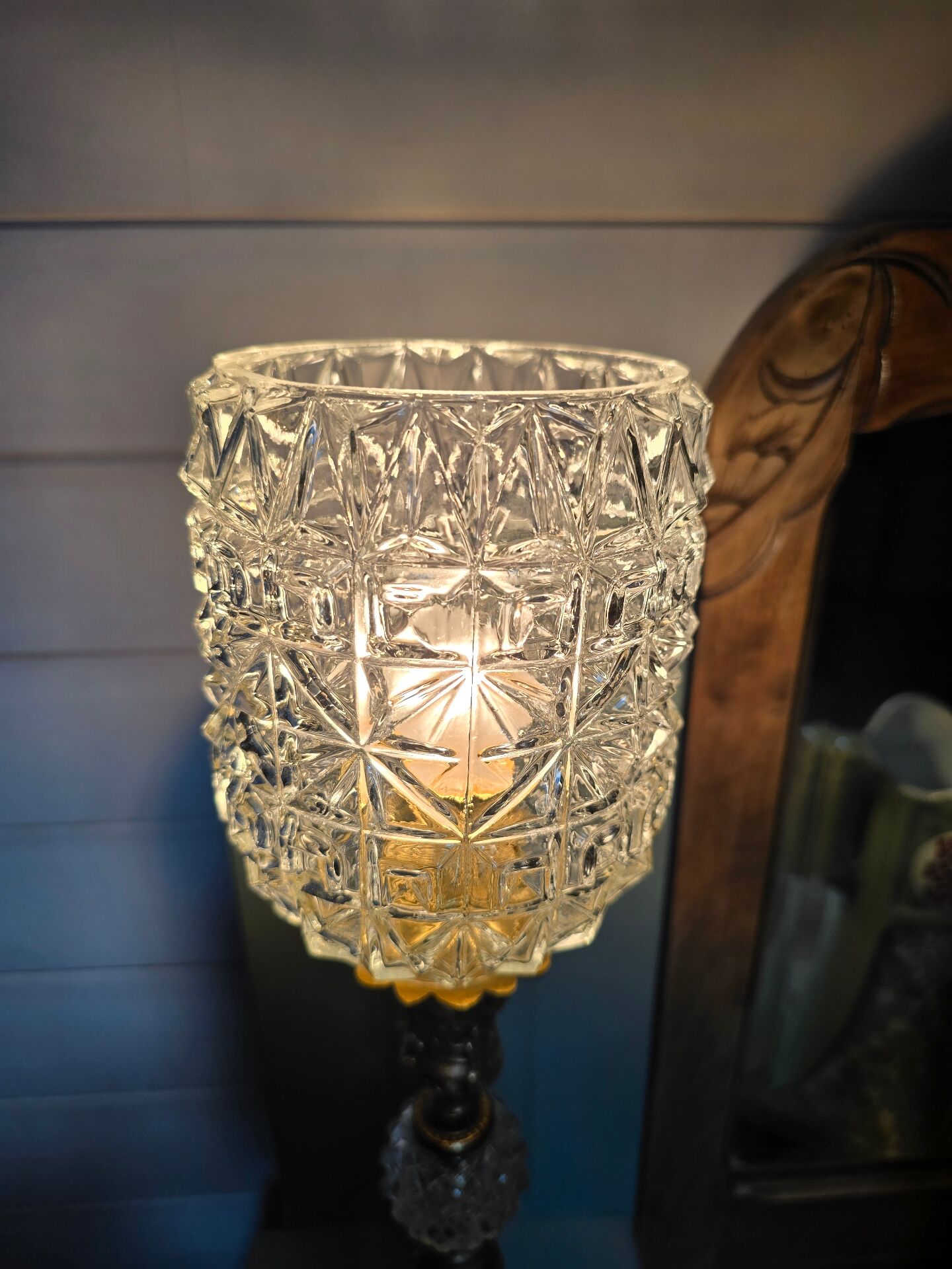Brass floor lamp with a glass ball, cut glass globe.