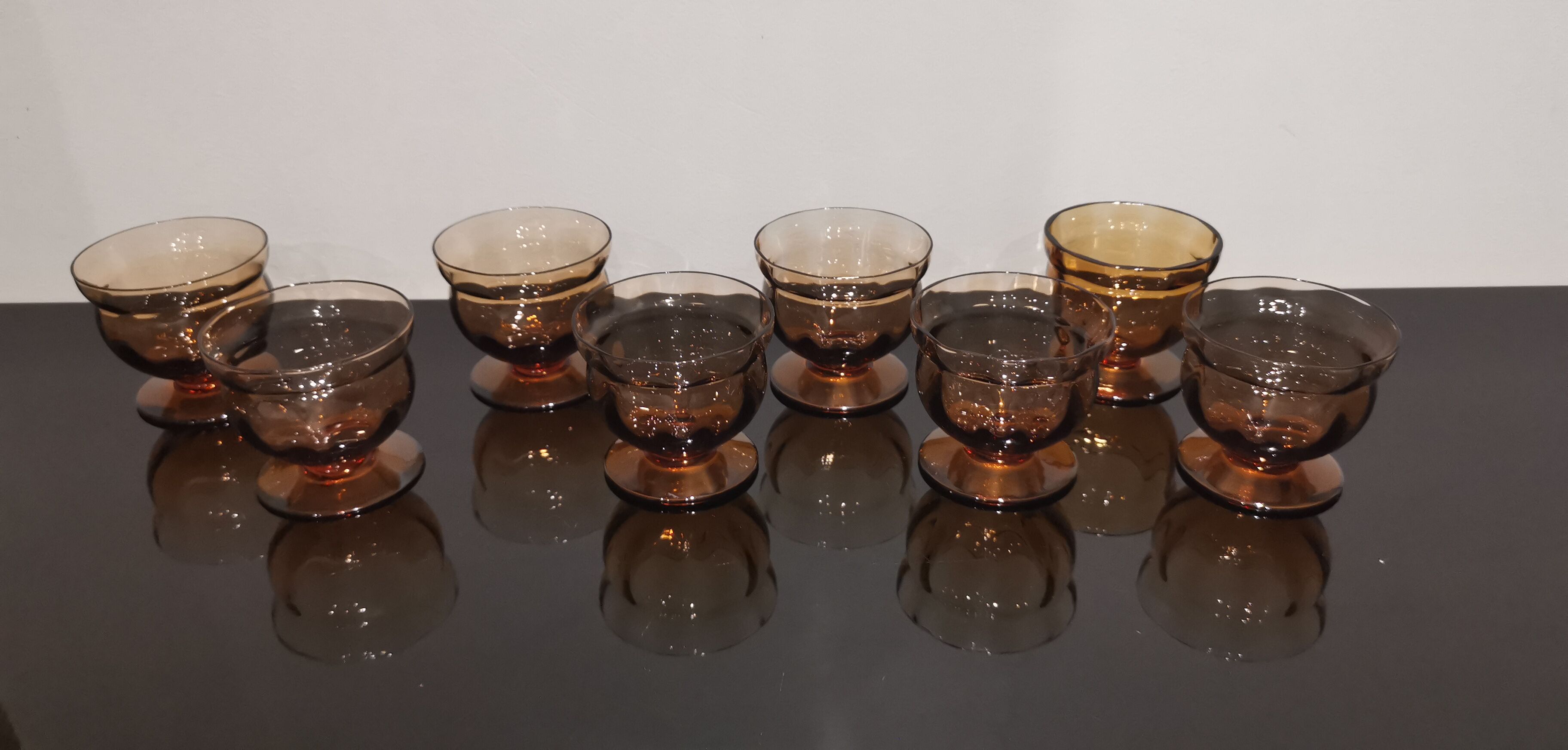 Set of 8 old vintage 70's amber brown cut glass glasses