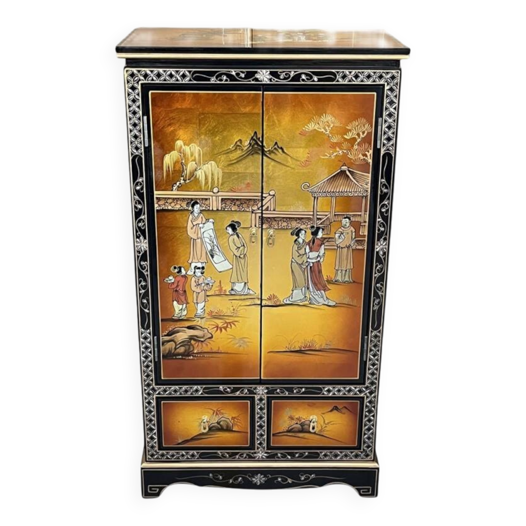 Lacquered golden Chinese wardrobe with painted figures.