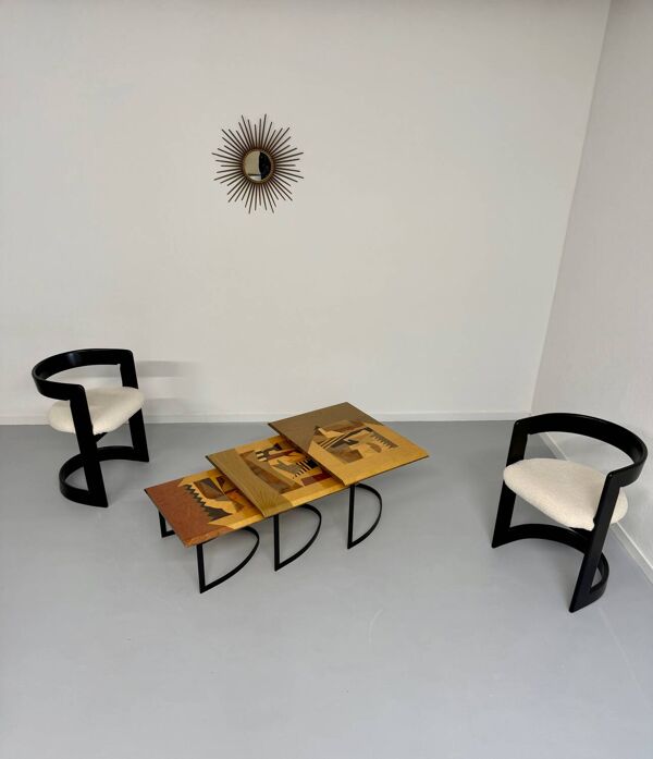 Table basse gigogne marqueterie géométrique design italien vintage