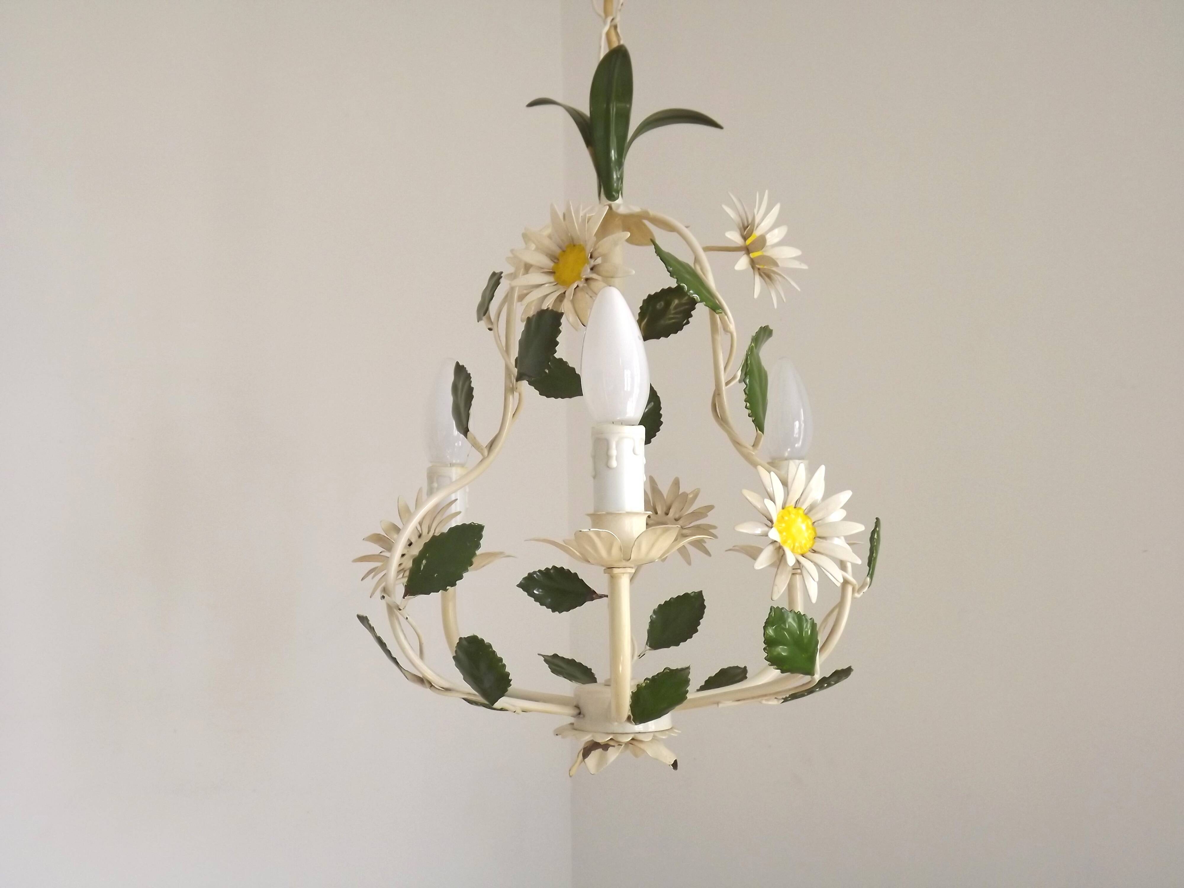 French Vintage 3 Light Daisy Flower Metal Cage Chandelier