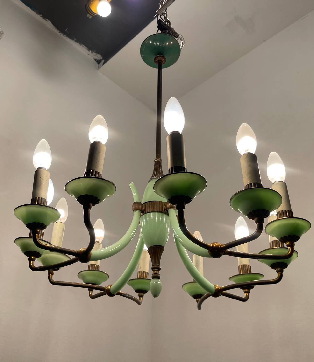 1950’s Opaline Glass Bronze Chandelier
