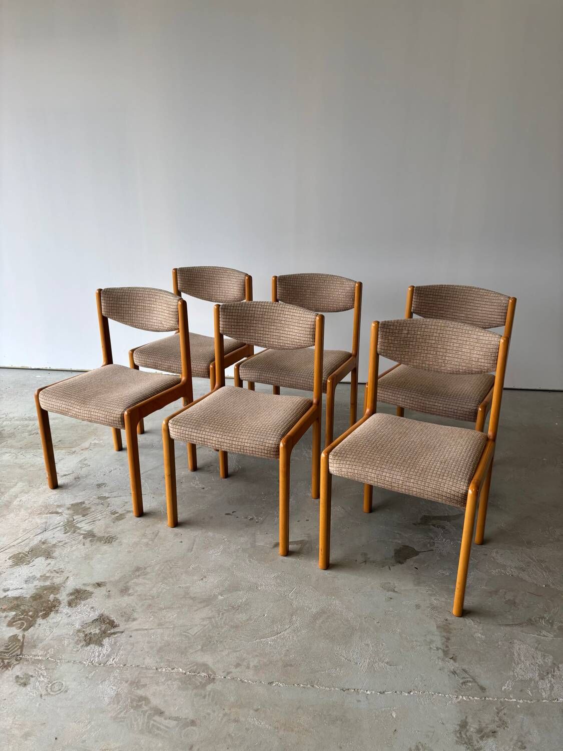 Set of 6 Self brand chairs in beech with wool seat