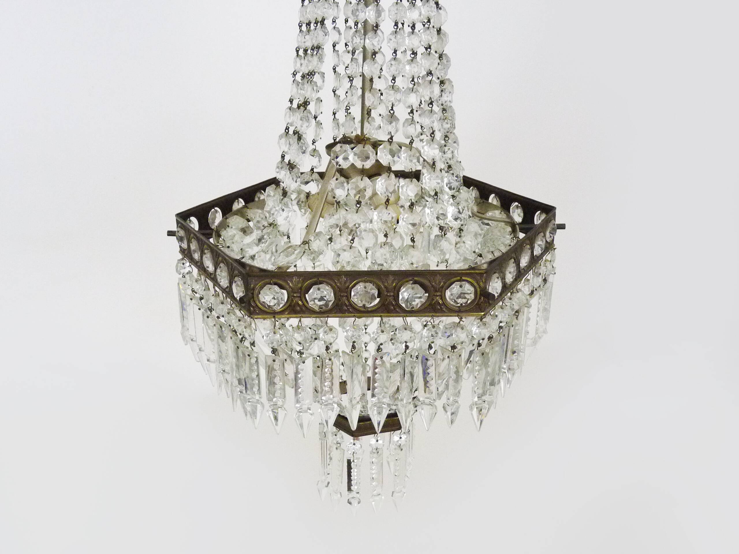 Old large 3-light hot air balloon chandelier in bronze, glass pendants.