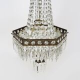 Old large 3-light hot air balloon chandelier in bronze, glass pendants.