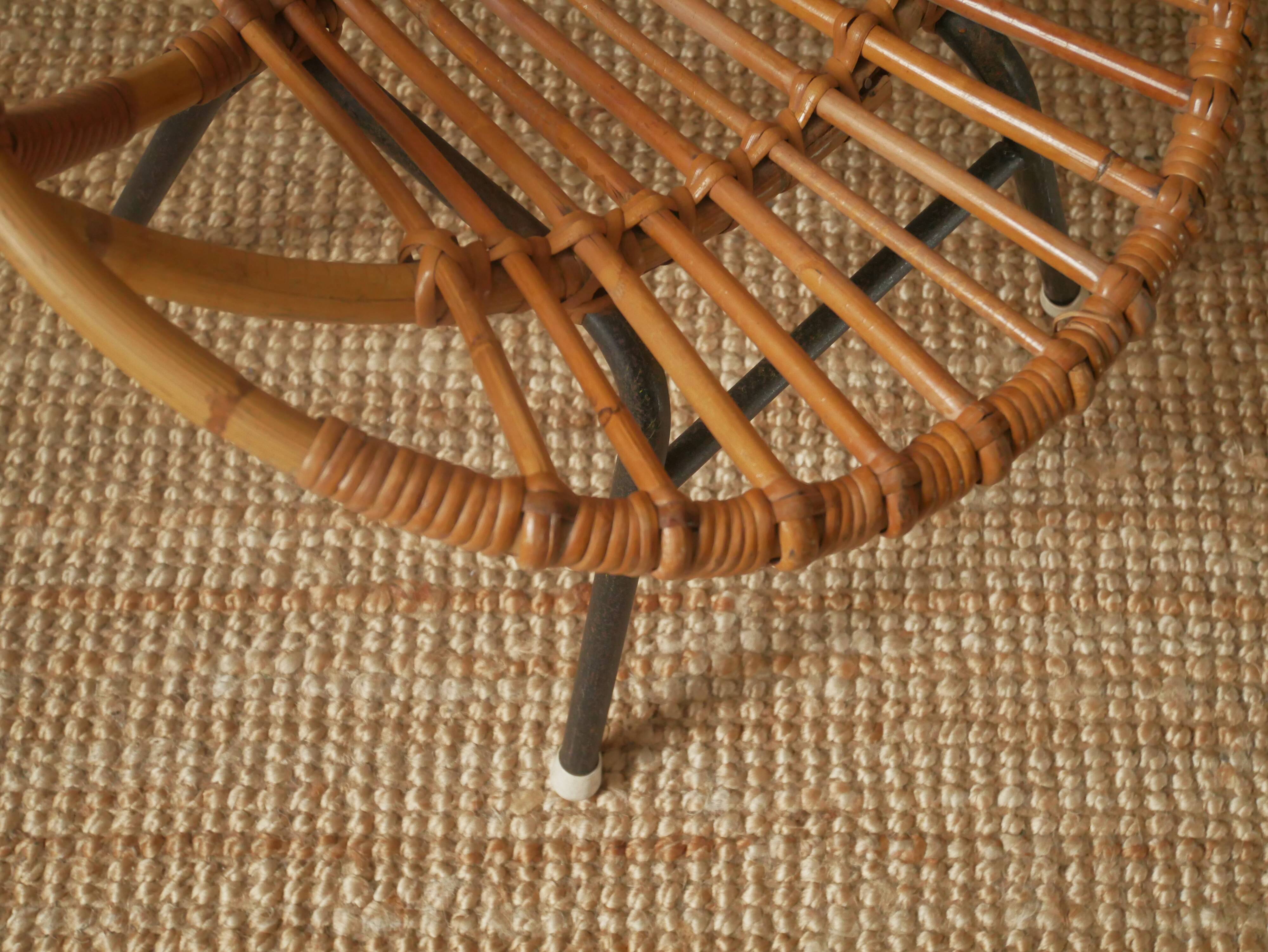 Vintage bamboo wicker rattan armchair Scandinavian decoration child retro chair black metal base