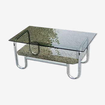 Designer coffee table with chrome tube base, double green smoked glass tops from the 70s