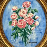 Peintures sur panneau isorel (39*33)signes cadre doré ovale bouquets de fle