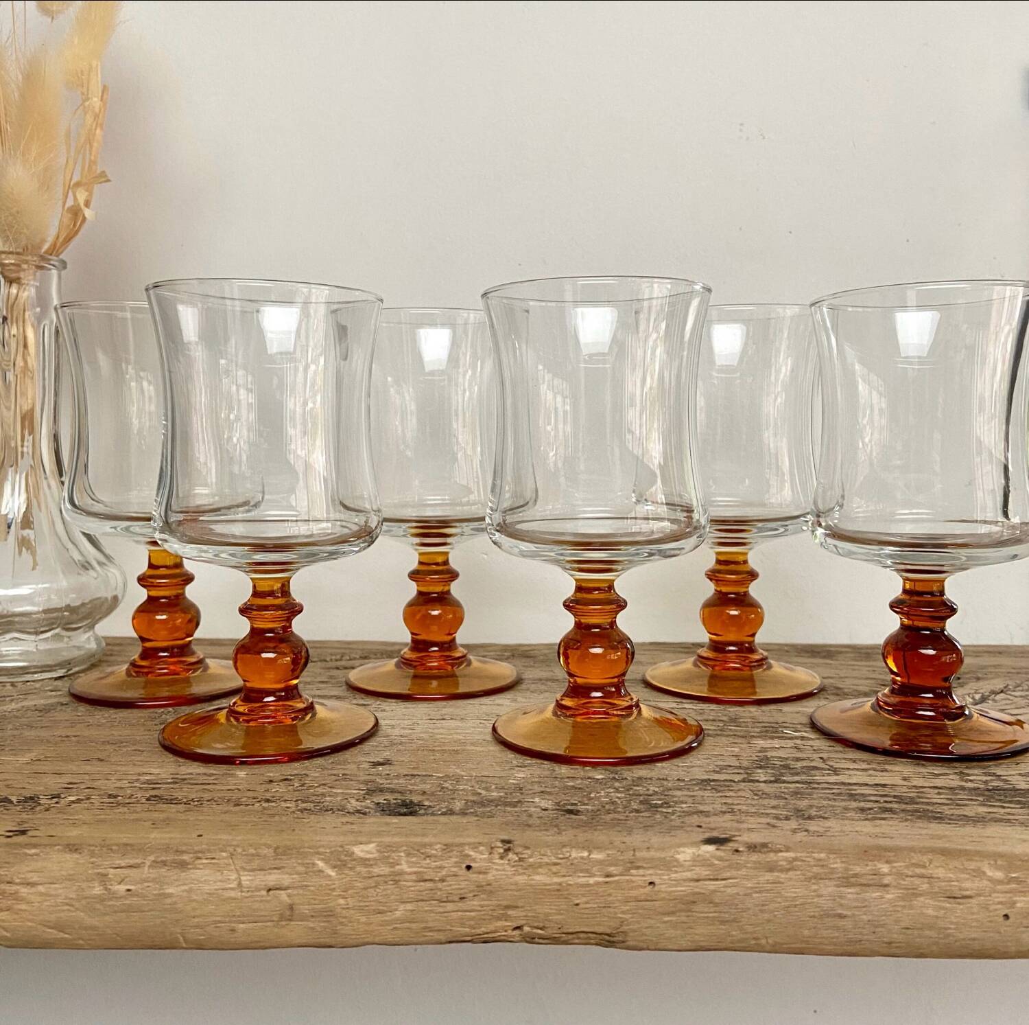 6 vintage amber stemmed glasses